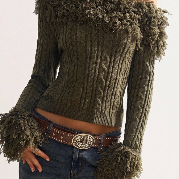 Green Casual Women's Off Shoulder Fuzzy Patchwork Long Sleeve Sweater - Picture 7 of 8